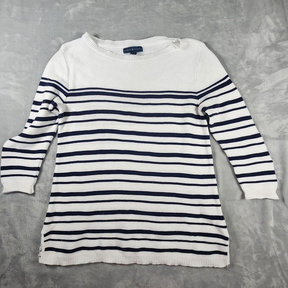 Karen Scott Petite M Navy White Striped Cable Knit Sweater Nautical Coastal Prep